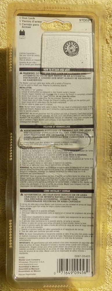Master Lock Gun Lock Cable/Padlock with 2 Keys New In Package