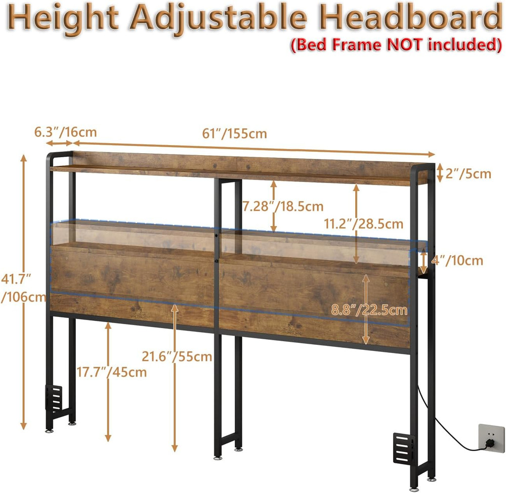 Rustic Brown Queen Headboard with USB Ports & LED Lights, Adjustable Design