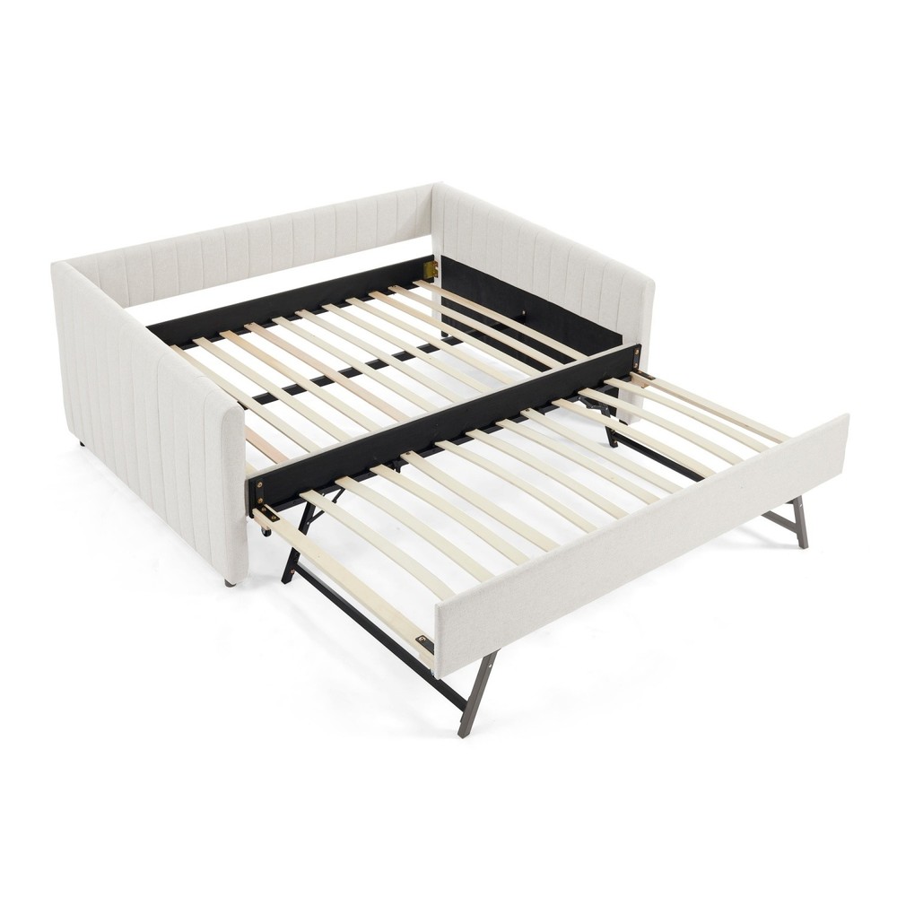 Full Daybed Modern Linen Upholstered Bed Frame Sofa Bed with Pull-Out Trundle