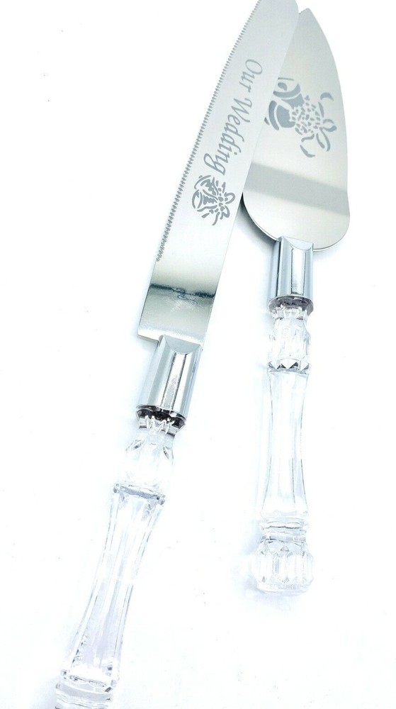OUR WEDDING CAKE KNIFE AND SERVER SET EMBOSSED WITH BELL DESIGN -SILVER BODA