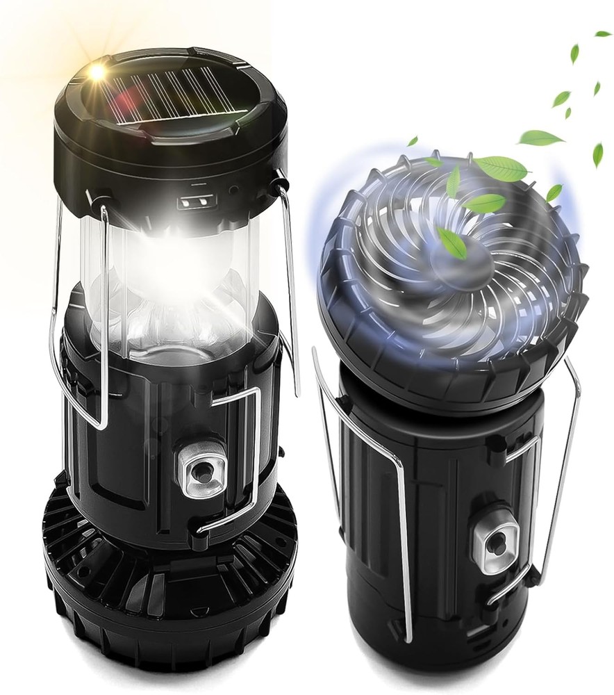 2-Pack Solar Camping Fan w/ Lantern, DIBMS Collapsible Powered Black