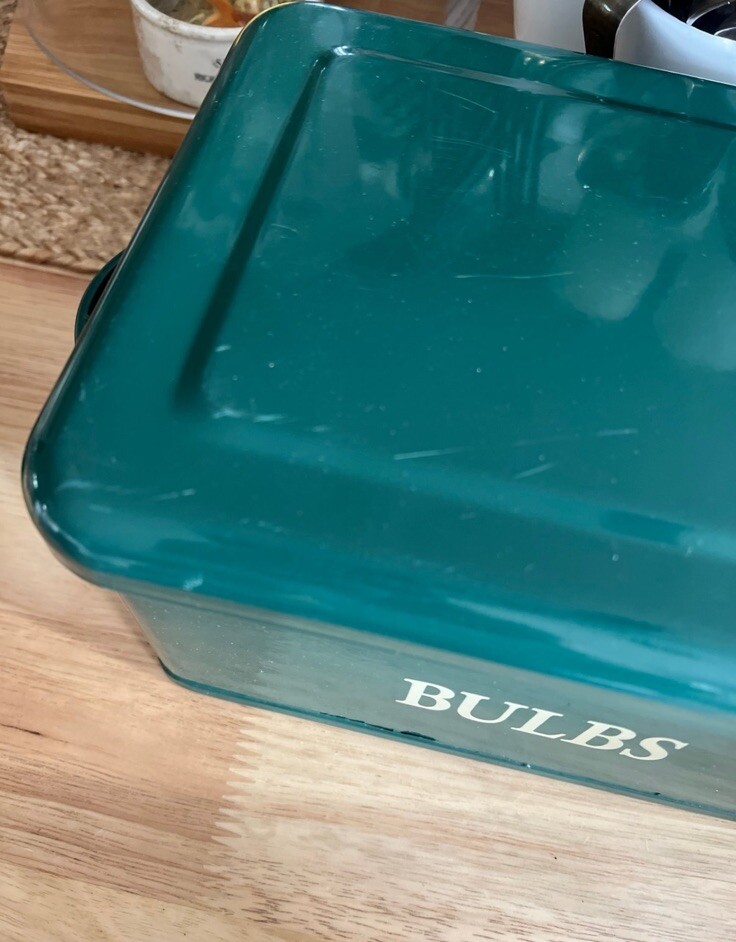 Green Enamelware Container Marked “Bulbs” Spring