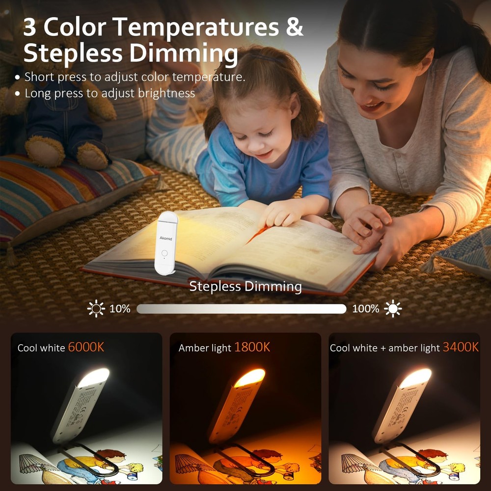 Book Light USB Rechargeable Clip on Reading Light, Eye-Cared Amber Light Mode...