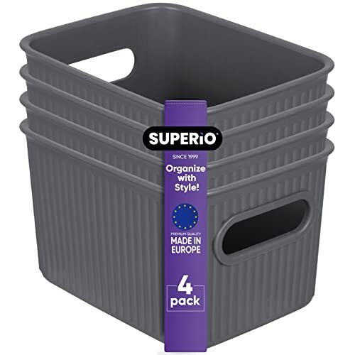 Superio 1.5 L Mini Ribbed Storage Bin- Plastic Storage Basket (Grey, 4 Pack)