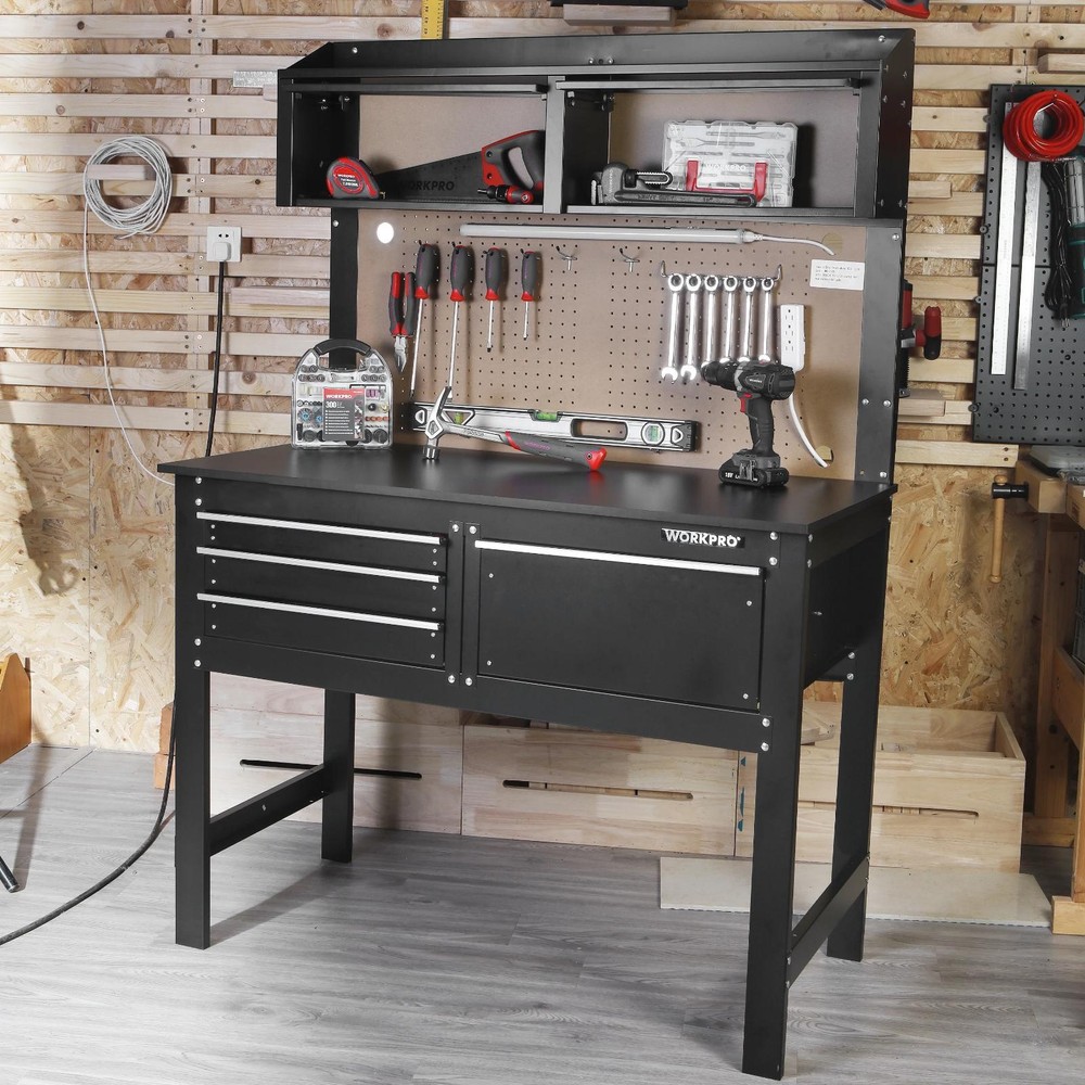 WORKPRO 2-In-1 Steel Garage Combo Workbench Workshop Tool Storage Cabinet Light