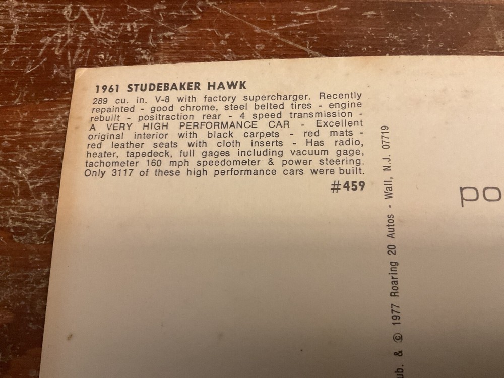 Vintage 1961 Studebaker Hawk - Post Card #459 Unused
