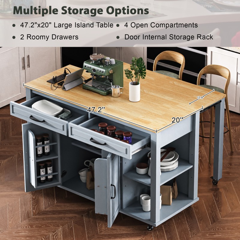 Kitchen Island with Extendable Dining Table, Rolling Wheels, Storage, Power