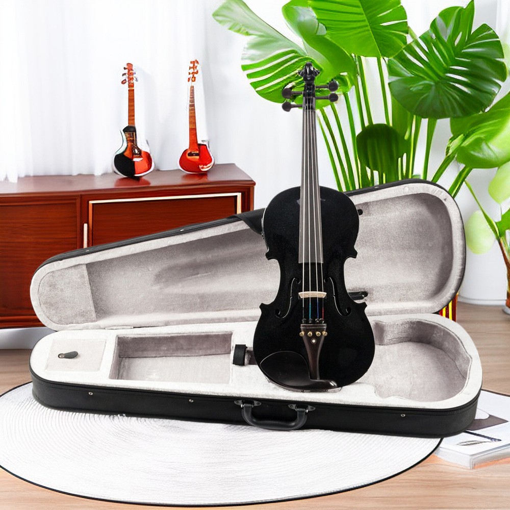 Black 4/4 Full Size Solid Wood Violin Set w/ EQ, Shoulder Rest, Electronic Tuner
