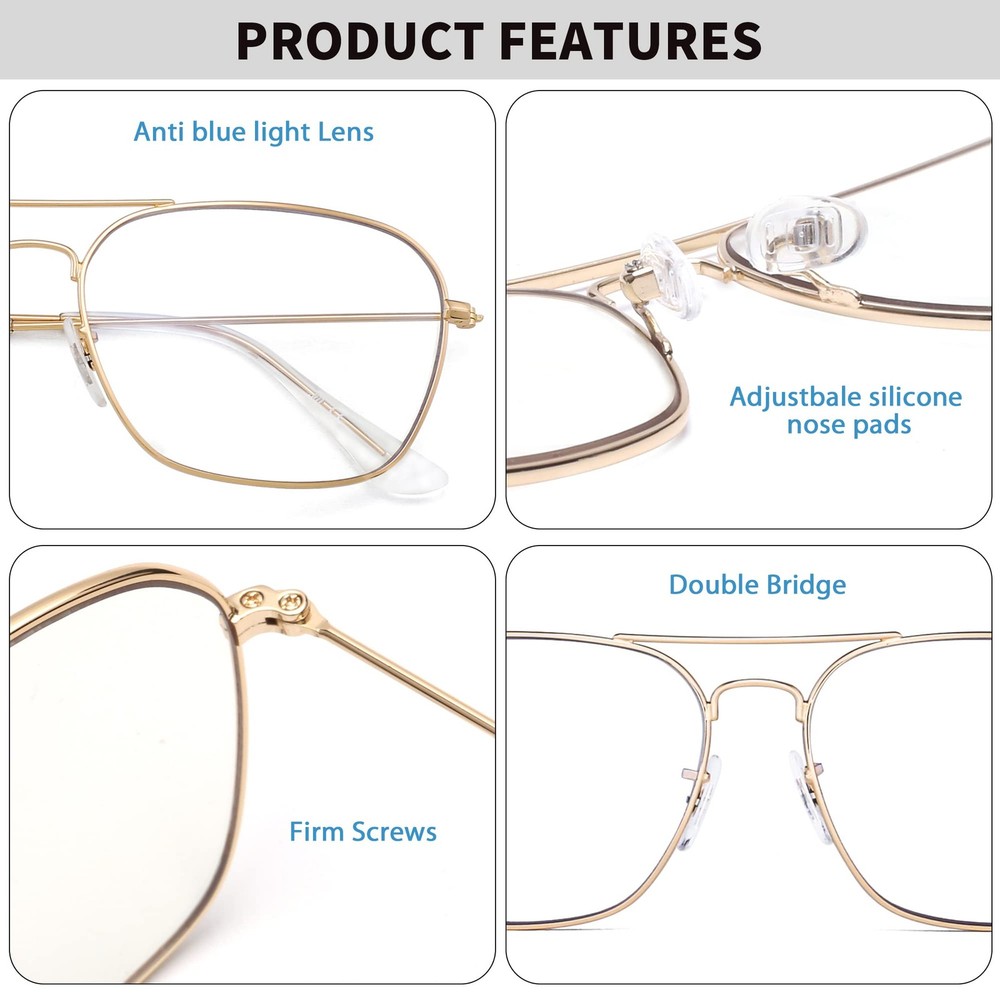 JM 2-Pack Aviator Blue Light Blocking Glasses, Square, Eye Protect, Computer