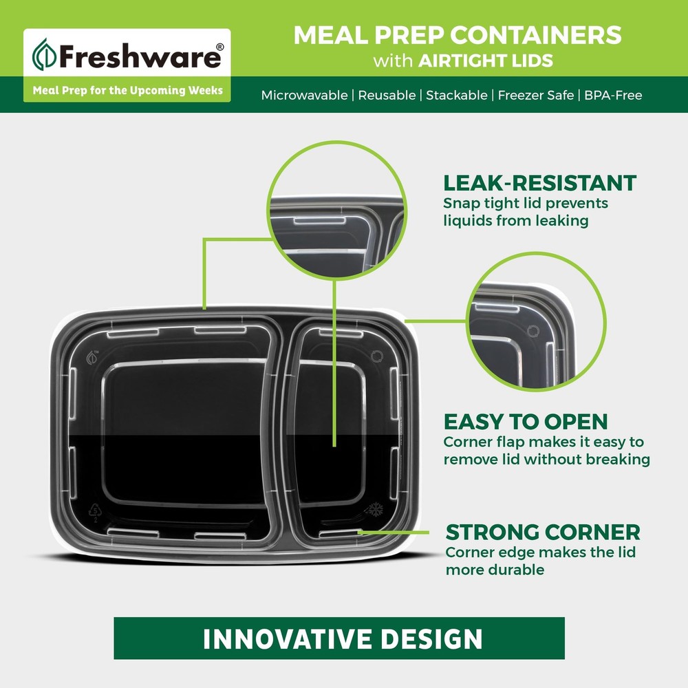 Freshware Meal Prep Containers [50 Pack] 2 Compartment 2-COMP-50PK, Black