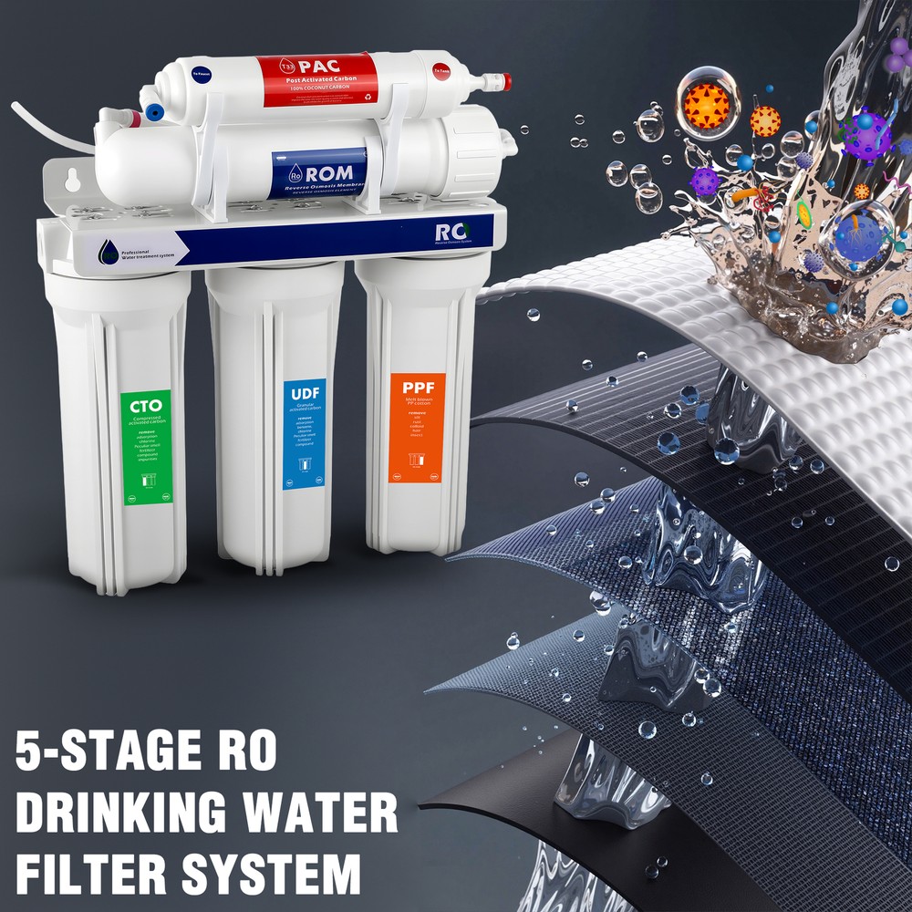 5 Stage Reverse Osmosis Water Filtration System 75 GPD 0.0001μm Purifier RO