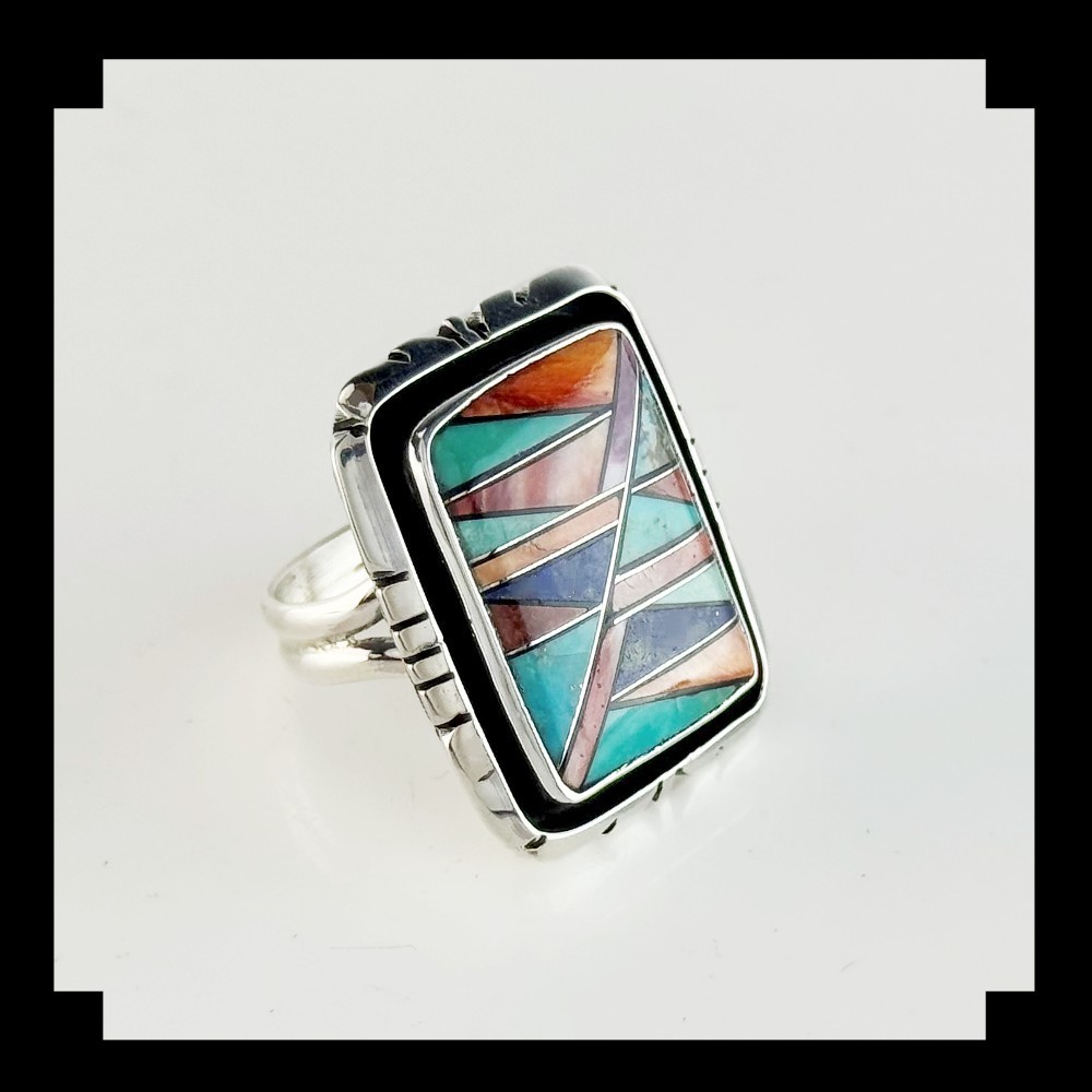 Handcrafted Sterling Silver Multi Stone Inlay Ring Adjustable
