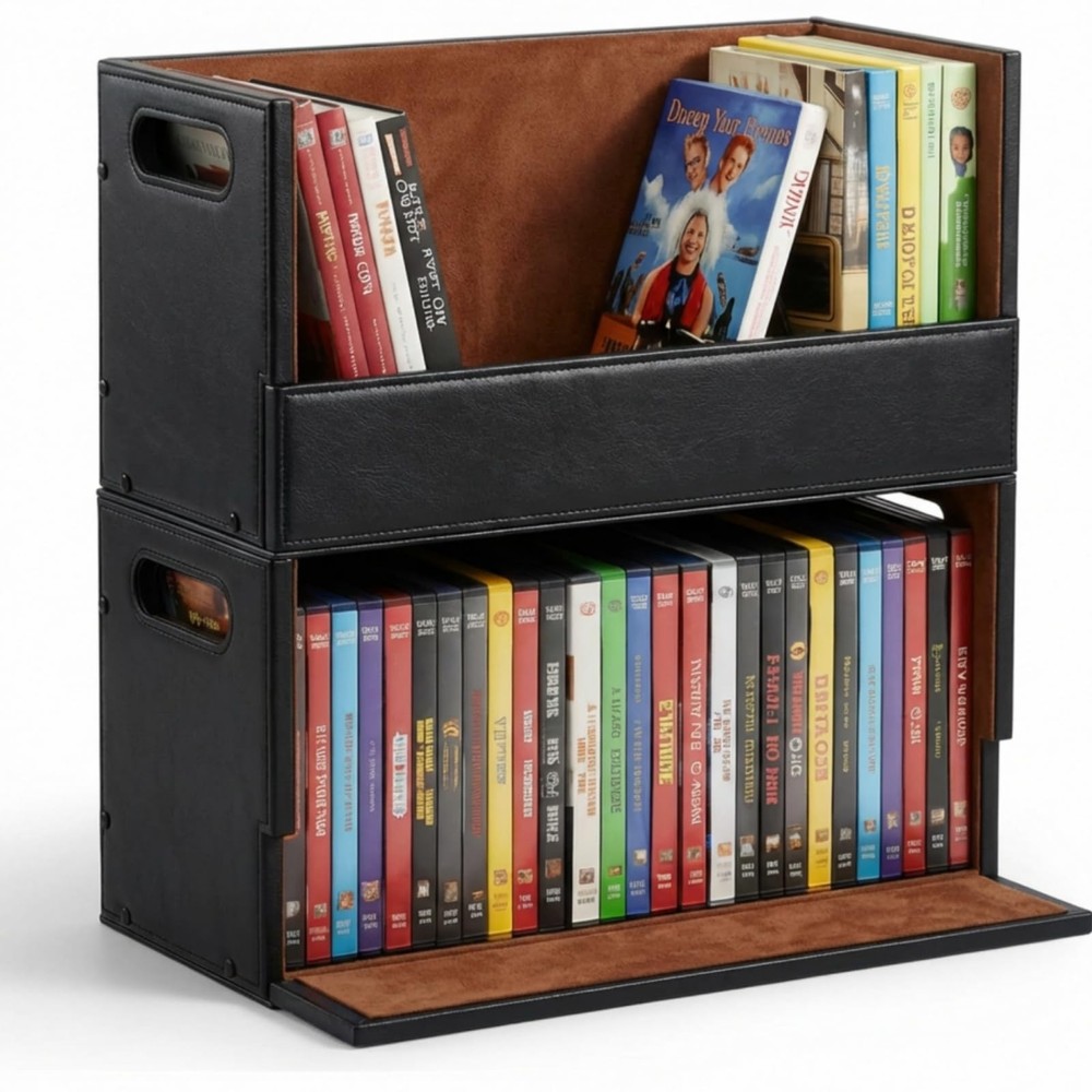2 Set Leather Dvd Storage Box Stackability Dvd Storage Shelf Holder Racks Cas...