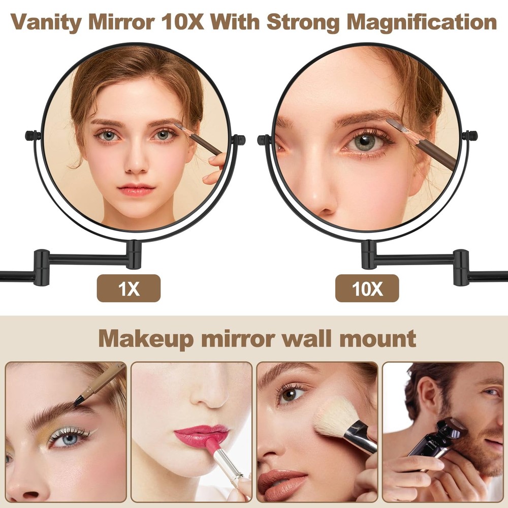 8” Wall Mounted Makeup Mirror with10X Magnification, Double Sided Shaving Mir...