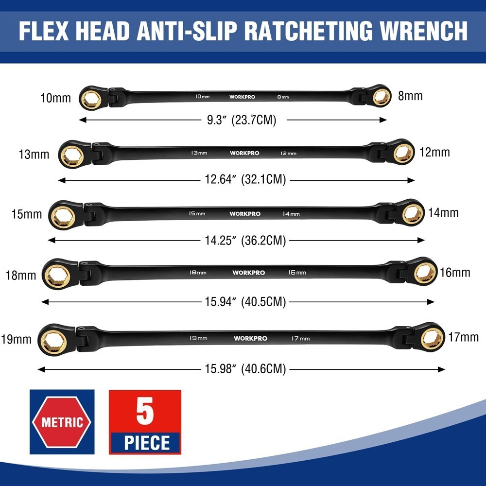 WORKPRO 5PCS Extra Long Ratcheting Wrench Set 8-19mm Combination Metric 72-Teeth