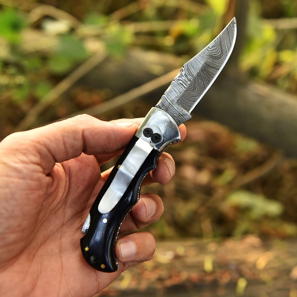 Handmade Damascus Folding Blade Pocket Knife Back Clip Boot Easy carry