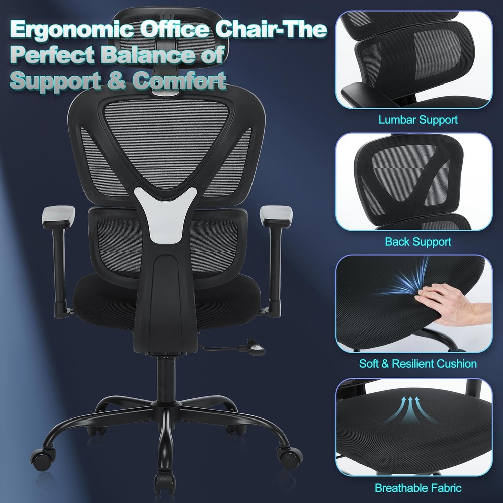 Ergonomic Office Chair with Adjustable Headrest & 3D Armrests, High Back Mesh...
