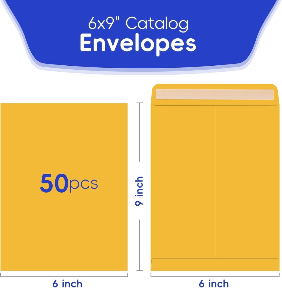50 Pack 6x9 Envelopes Self Seal, Brown Kraft Catalog Mailing Envelopes