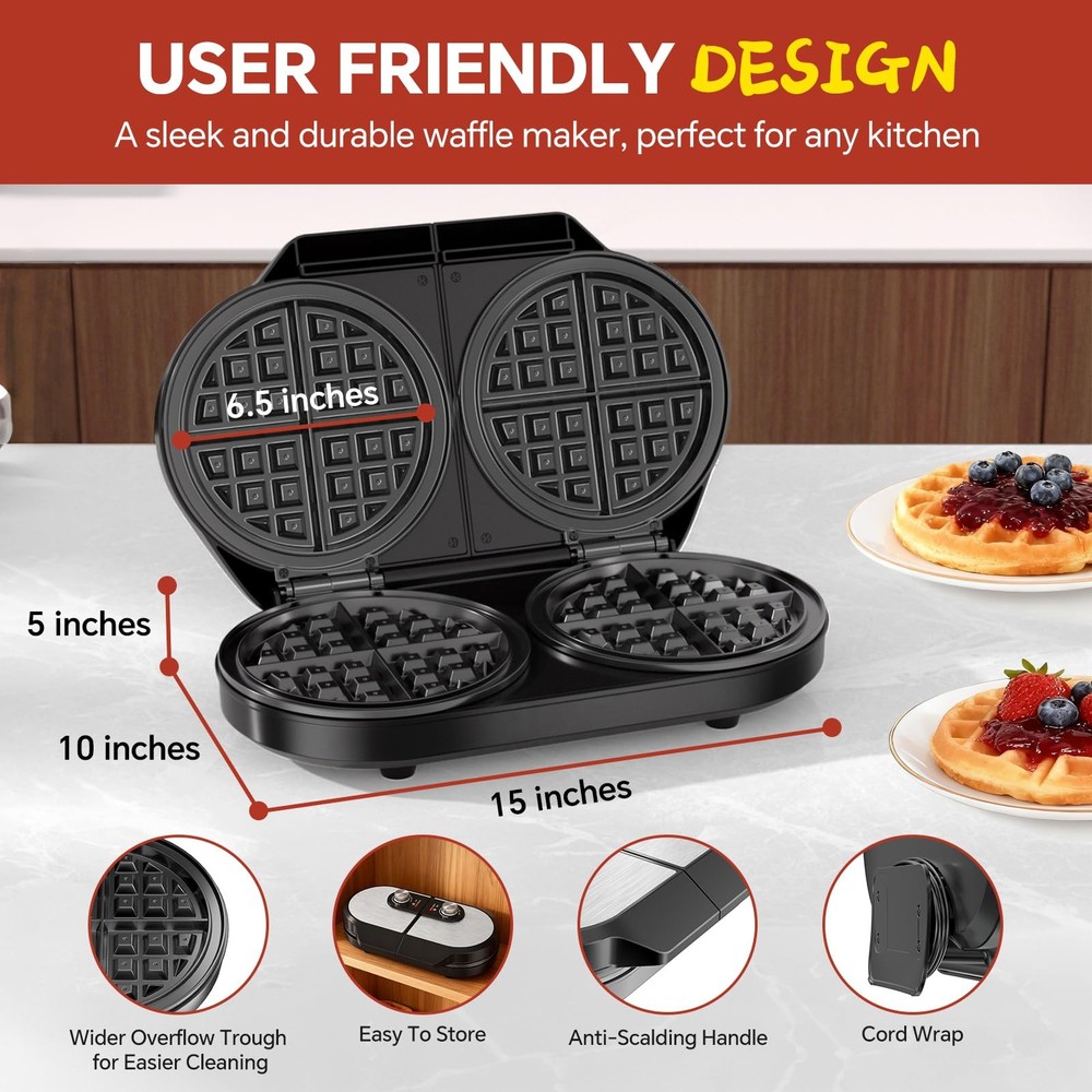 Double Waffle Maker, Belgian 6.5 Inch 2 Slices, Black