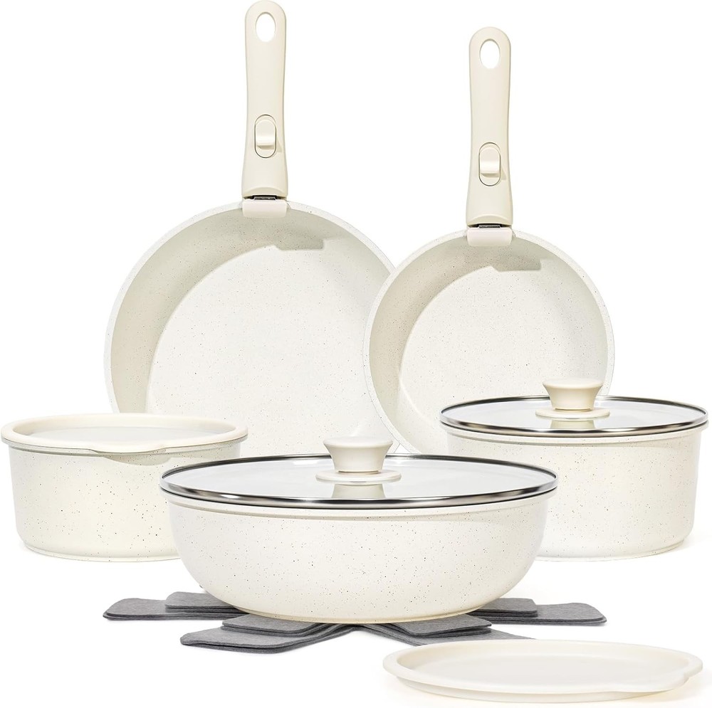 15PC Nonstick Cookware Set Detachable Handle RV Induction Stackable White