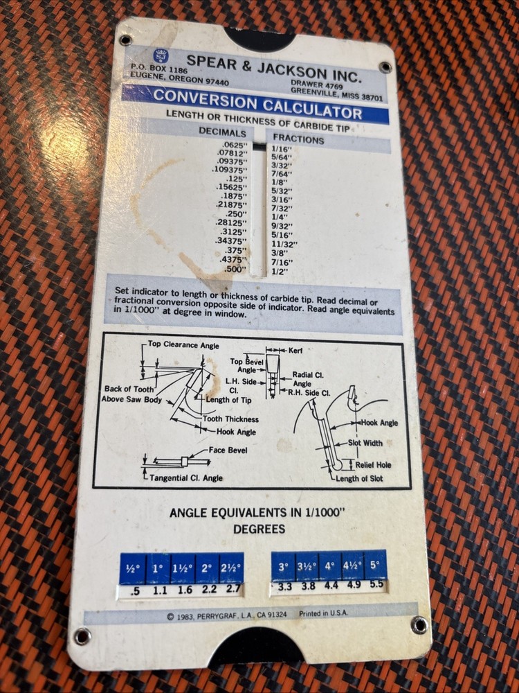 1983 Spear & Jackson Inc.  Carbide Saw Blade conversion calculator slide chart