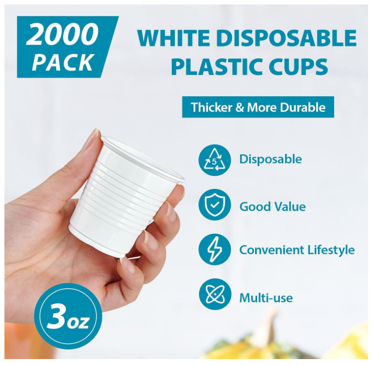 [2000 Pack] 3 oz White Plastic Cups, Disposable Plastic Bathroom Cups, 3 Ounc...