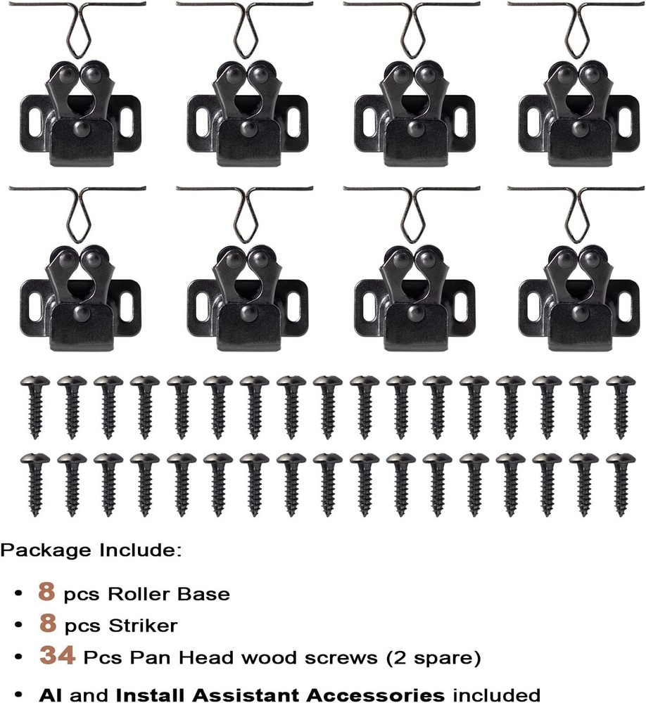 8 PCS Cabinet Latch Double Roller Catch Hardware for Cupboard BlackNickel