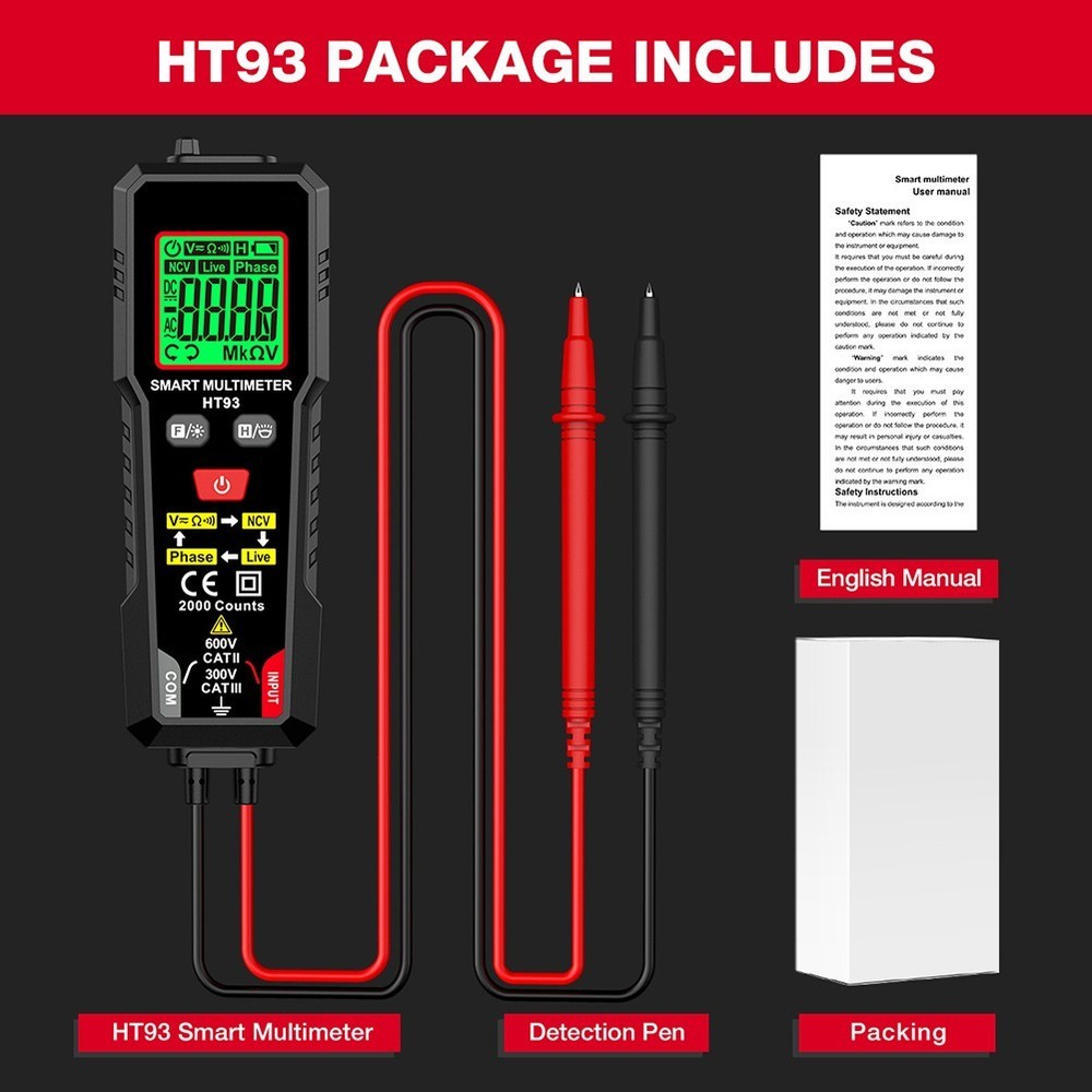 HT93 Smart Multimeter for Electrical Testing with Handheld NCV DETECTION