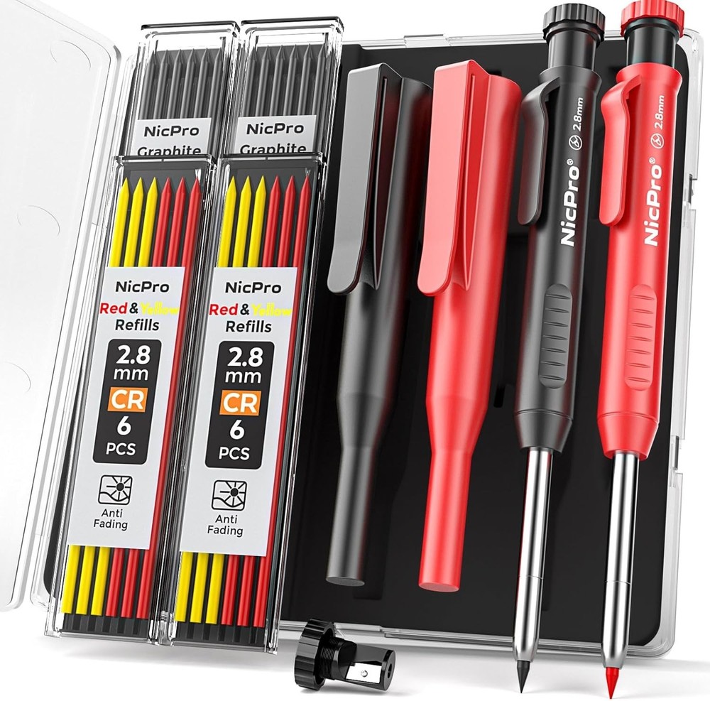 Versatile Carpenter Pencil Set: 2 Pencils, 26 Refill Colors & Handy Sharpener