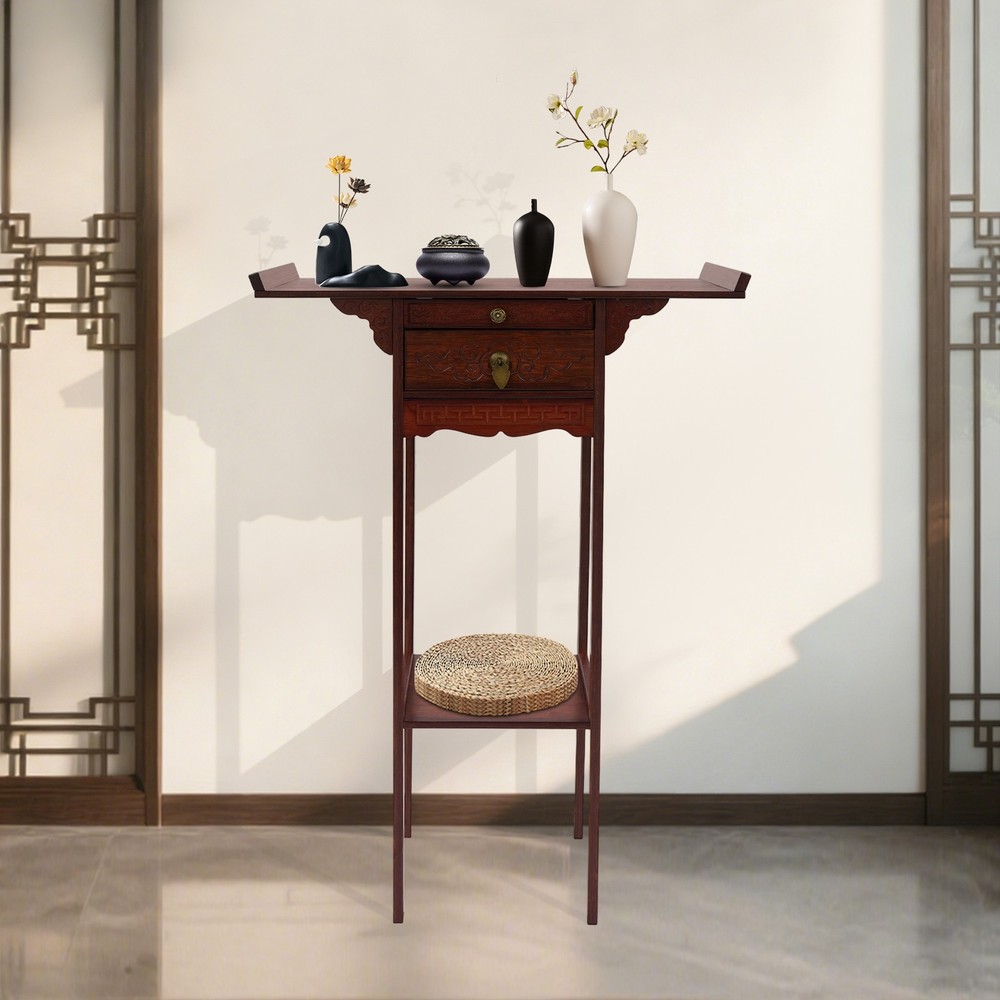 Meditation Altar Table With Pull-out Storage Board And Exquisite Carving