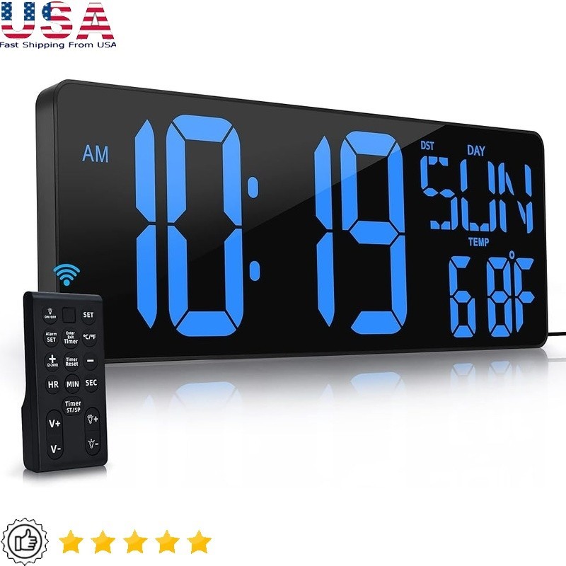 Extra Large LED Digital Wall Clock Auto Dimming Snooze Timer Remote Control