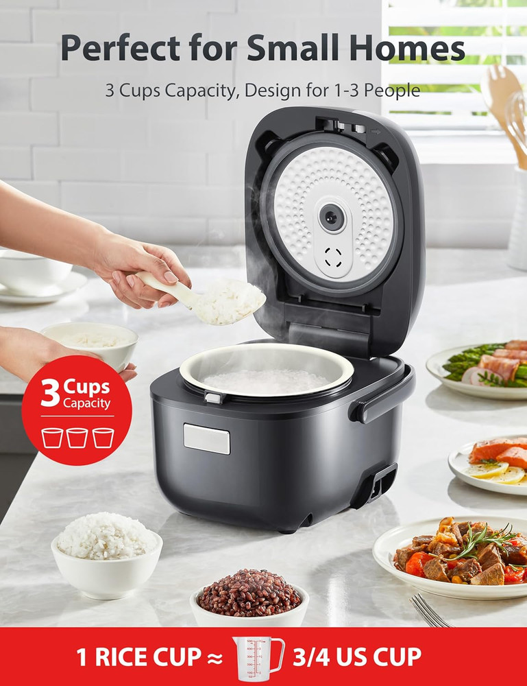 Rice Cooker Small 3-Cup Uncooked– LCD Display with 8 Cooking Functions: Rice, Oa