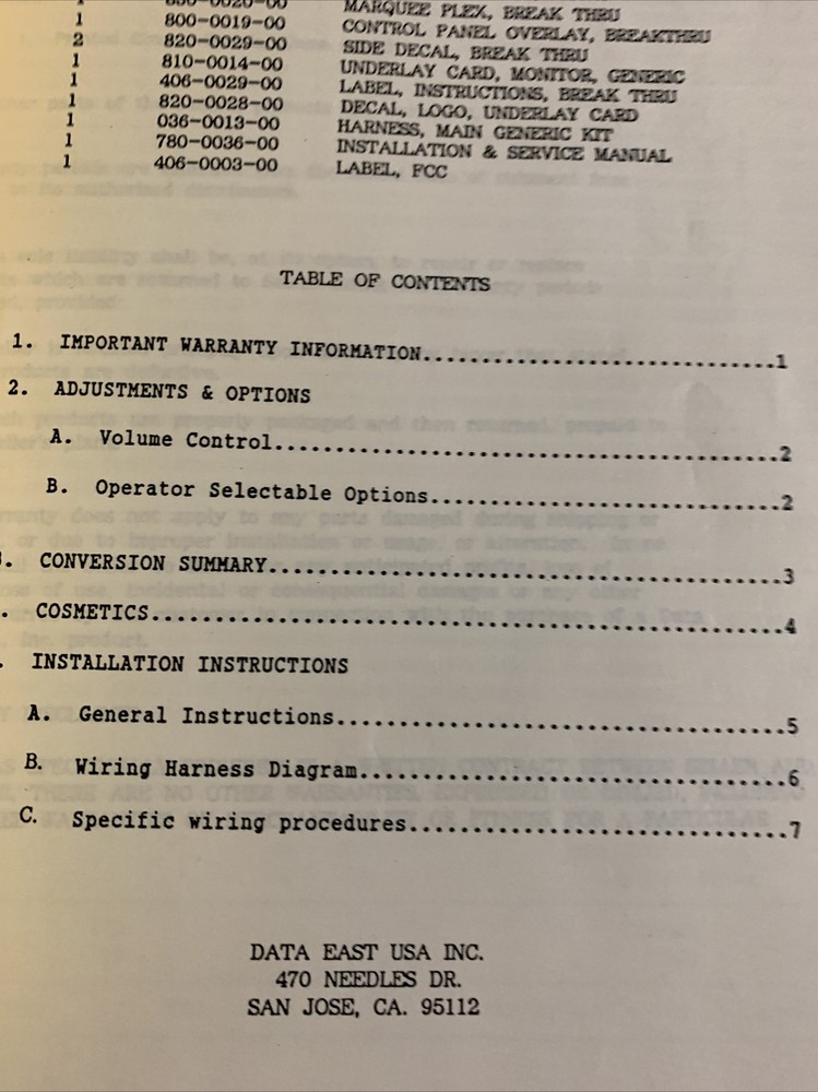 Original ARCADE GAME owners manual Break thru data East￼