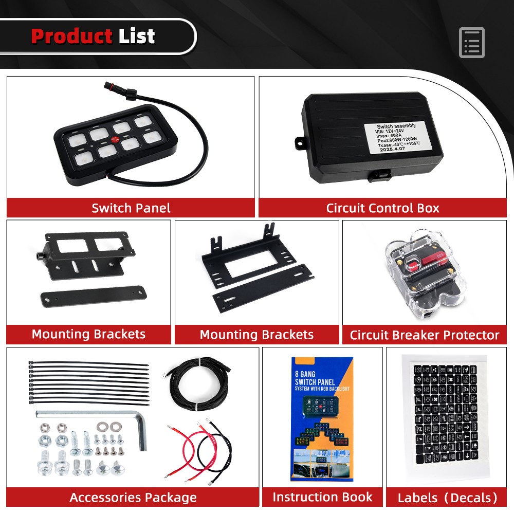 Universal 8 Gang Switch Panel On-Off LED Car Switch Panel Circuit Control 12/24V