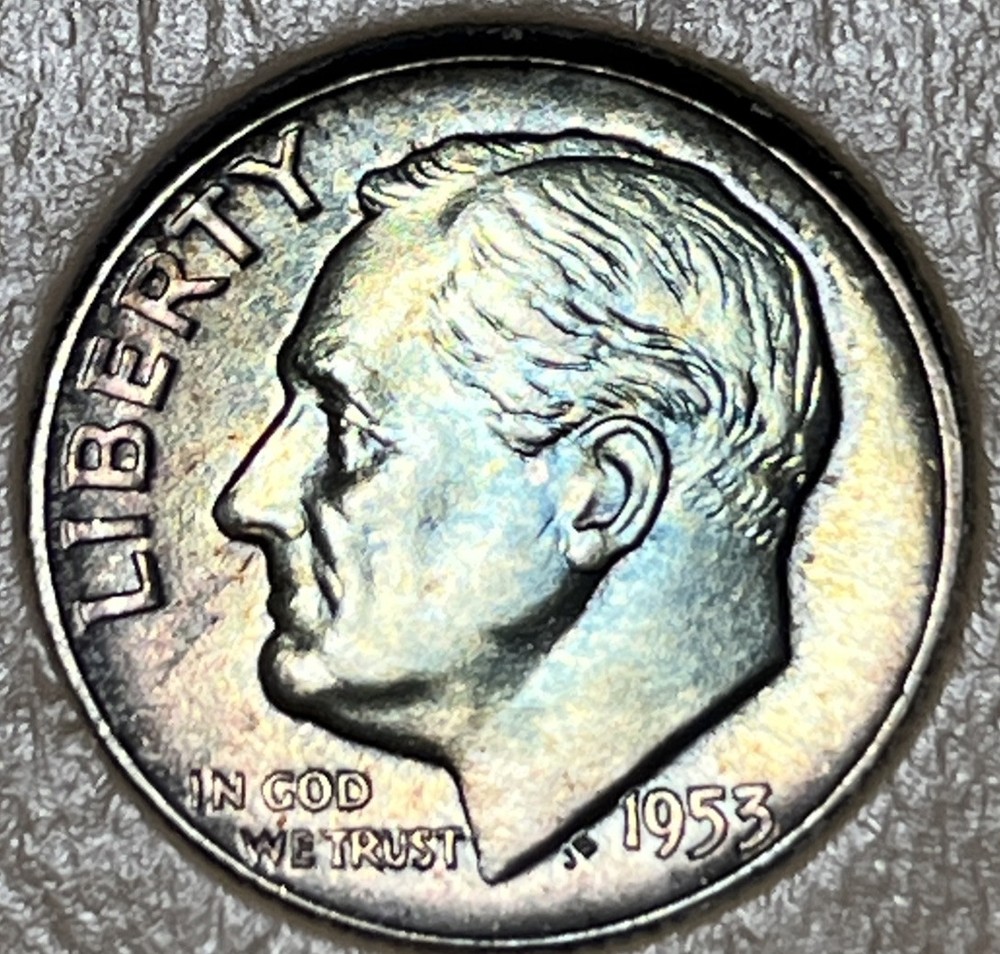 1953 Roosevelt Silver Dime Rainbow Toning Uncirculated