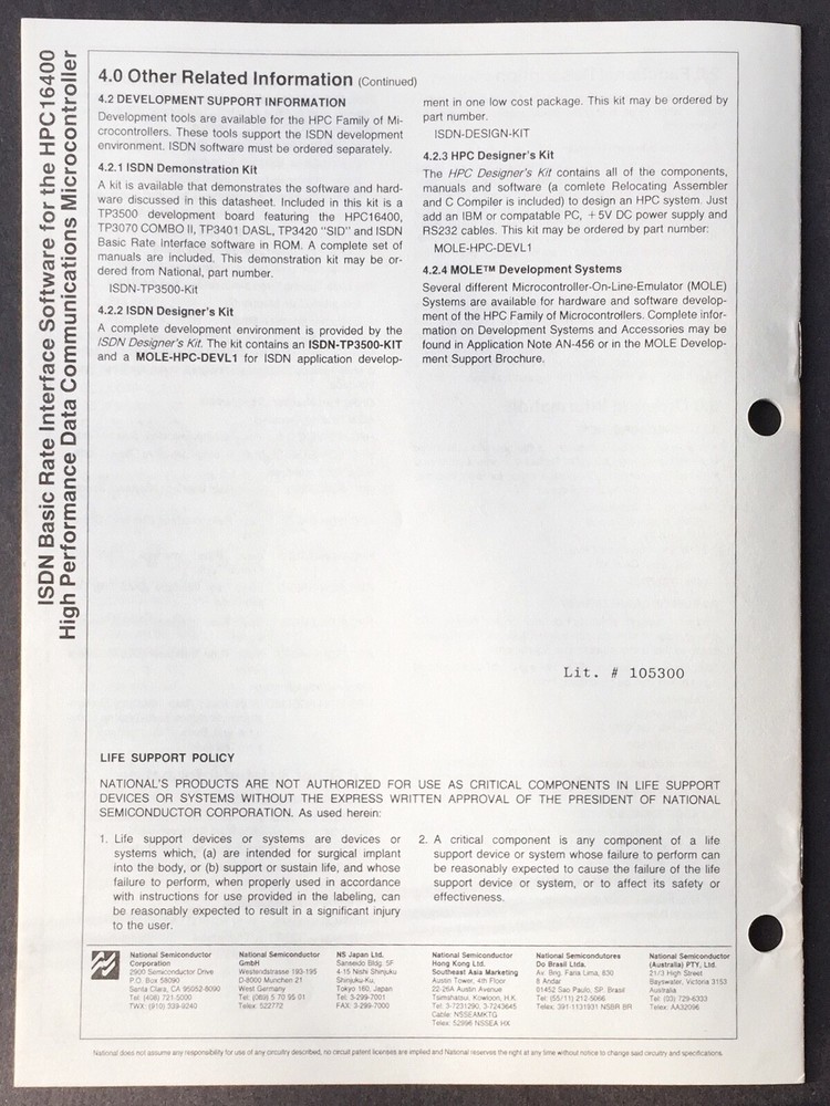 National Semiconductor - ISDN Software For HPC 16400 Controller Data Sheet 1988