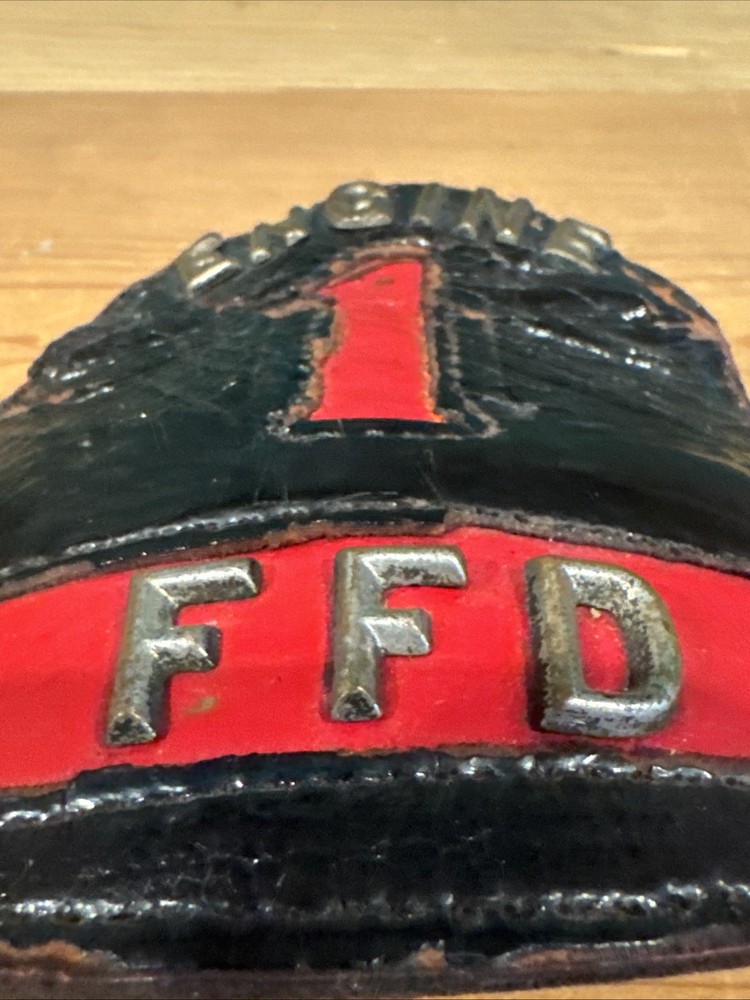 VINTAGE FFD FIRE HELMET LEATHER FRONT SHIELD - Engine 1 Metal Letters