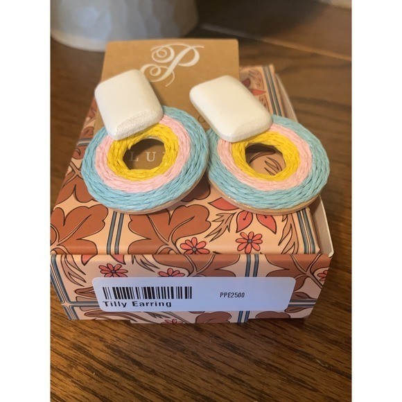 Plunder Design Tilly Earring Multi Color Woven Raffia Hoop Drop