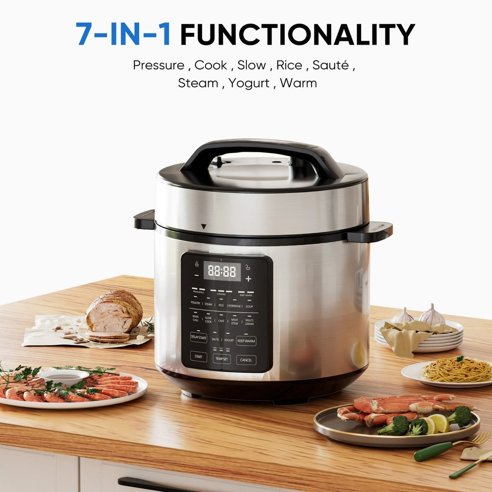 EDX 6 Quart 7-in-1 Electric Pressure Cooker with Multi-Function Features, Silver