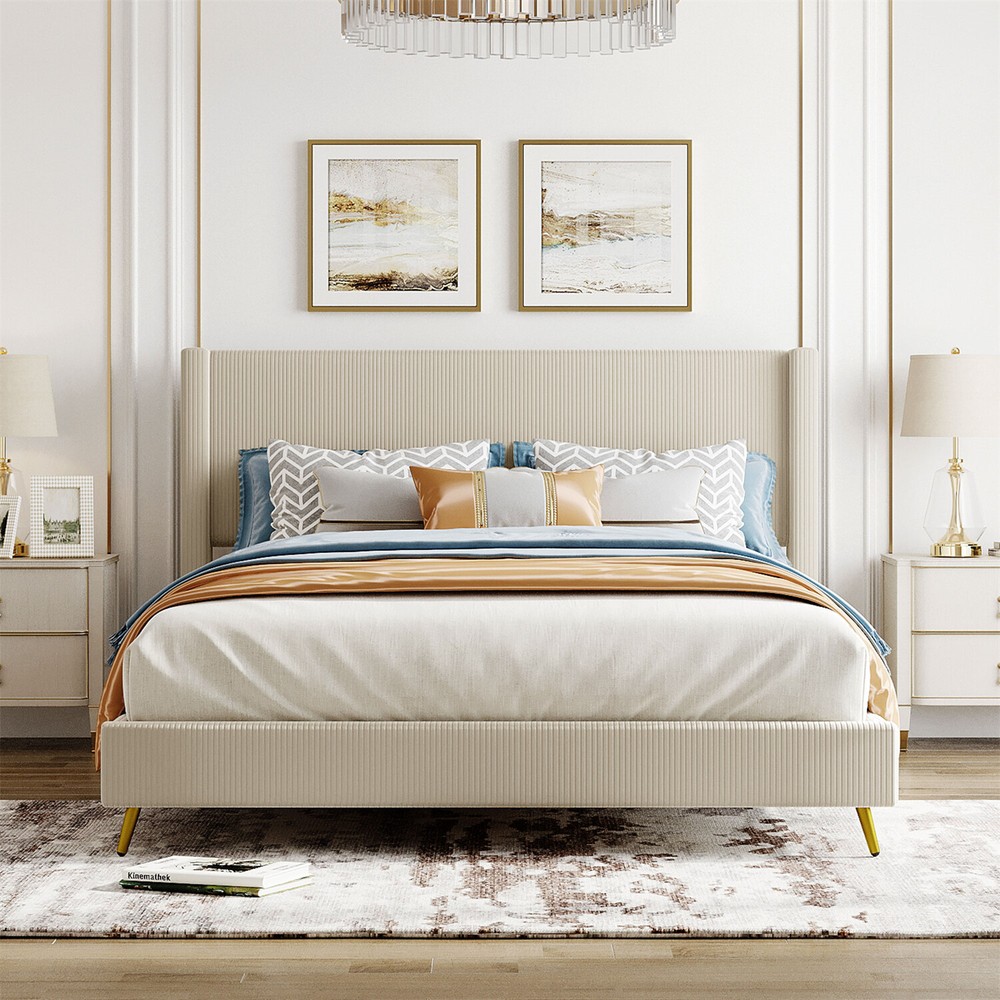 Queen Size Bed Frame Upholstered Platform Bed w/ Upholstered Headboard Beige