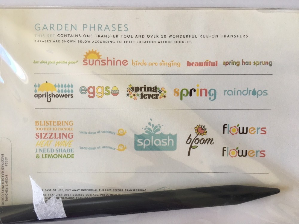 BACKYARD GARDEN PHRASE Rubon Transfer Pack Summer April Showers Spring Easter