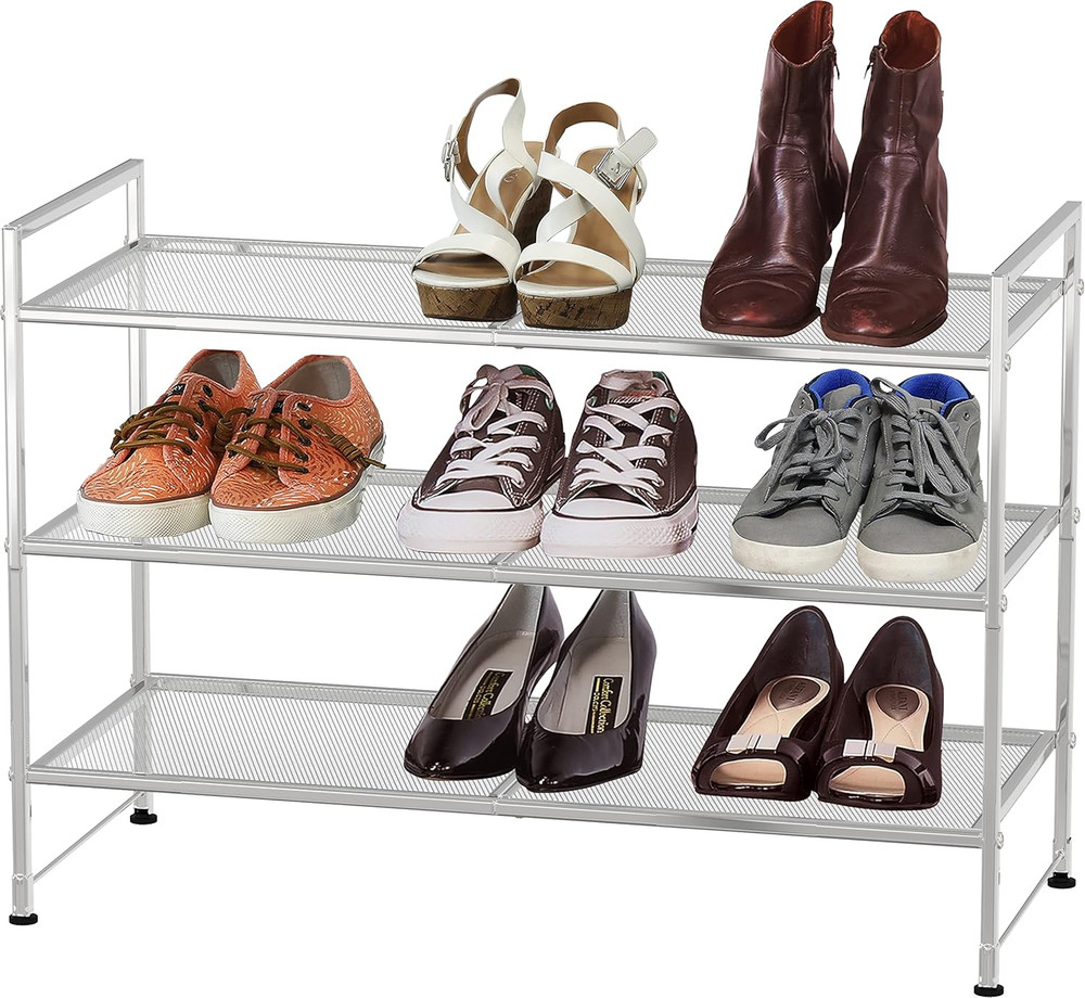3-Tier Stackable Mesh Shoe Rack, Silver
