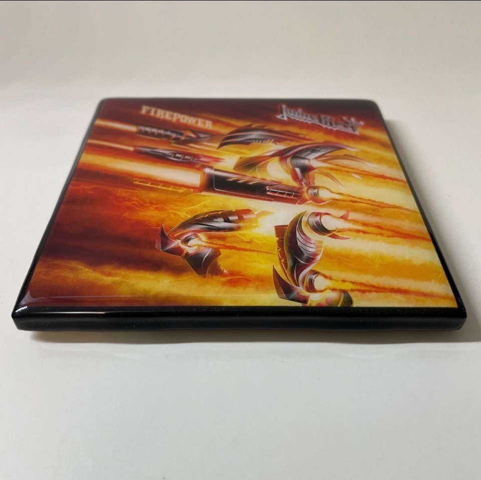 JUDAS PRIEST Firepower COASTER Custom Ceramic Tile Record Art Barware Cork Gift