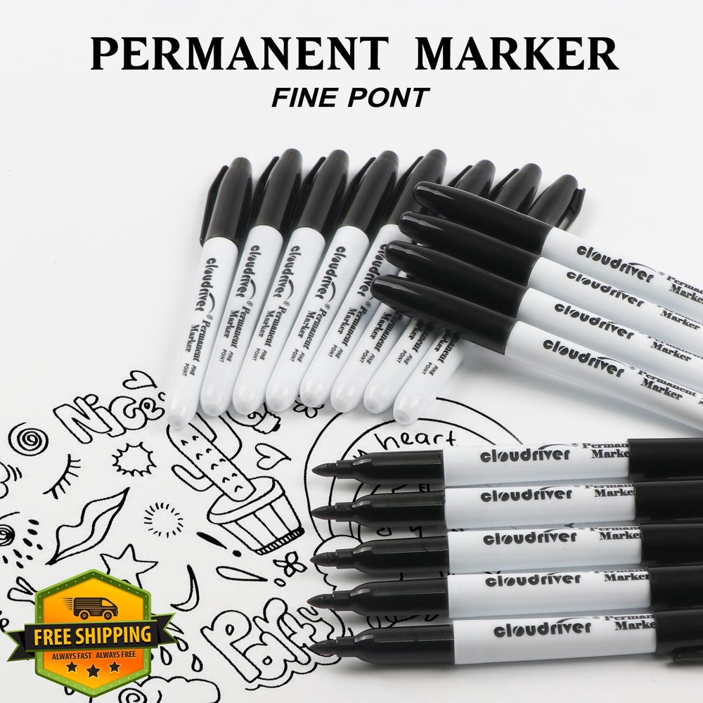 cloudriver Black Permanent Markers Fine Tip 60 Pack Bulk Quick Dry