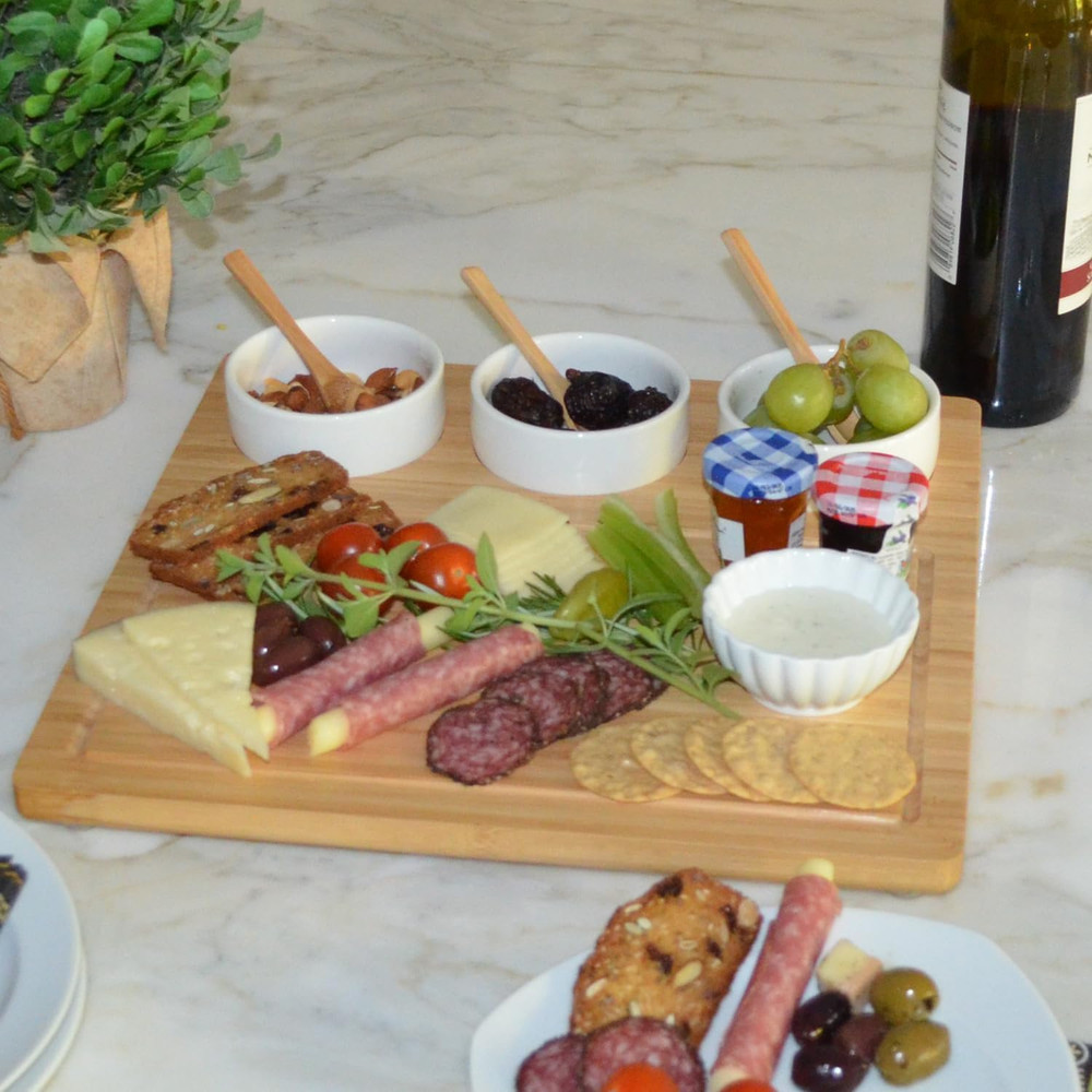 Bamboo Cheese Board/Charcuterie Platter - Includes 3 Ceramic Bowls with Bamboo S