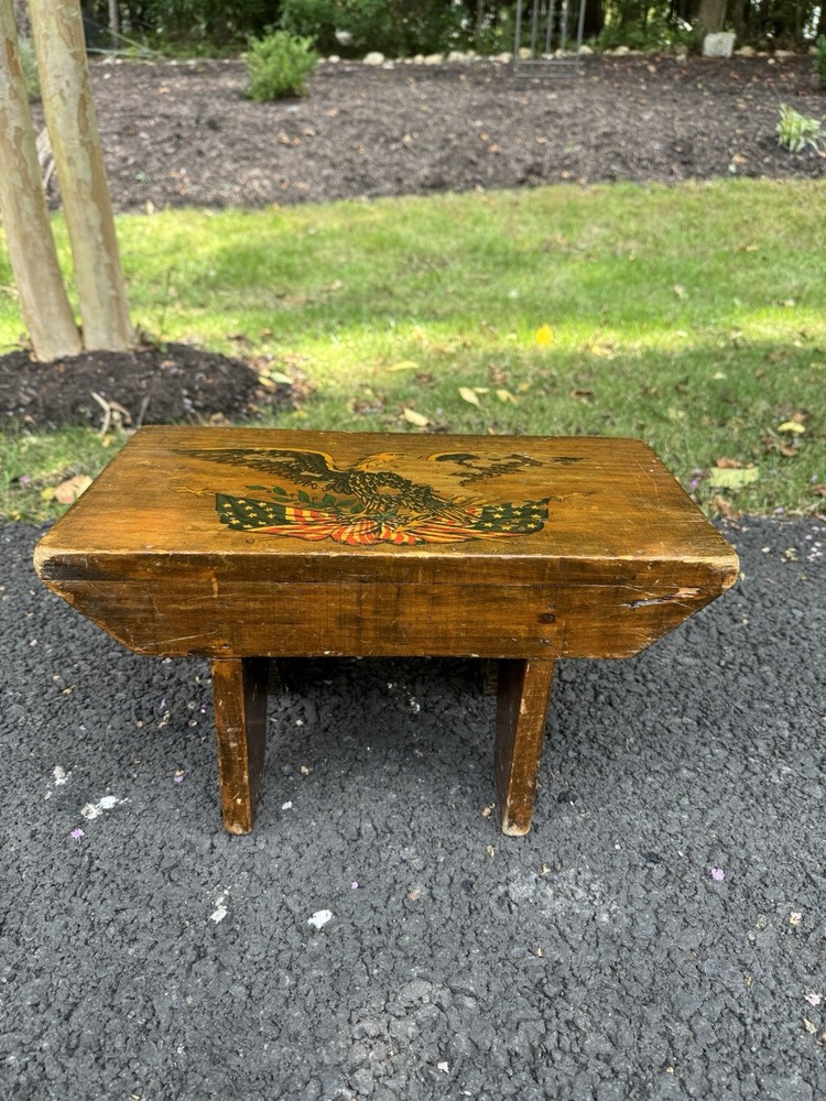 Vintage Solid Wood Rustic Farm House Foot Stool with American Eagle