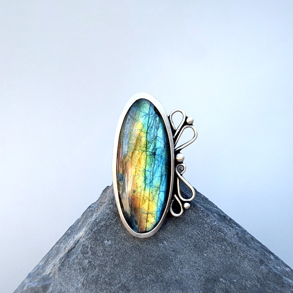Handcrafted Sterling Silver and Rainbow Labradorite Adjustable Statement Ring