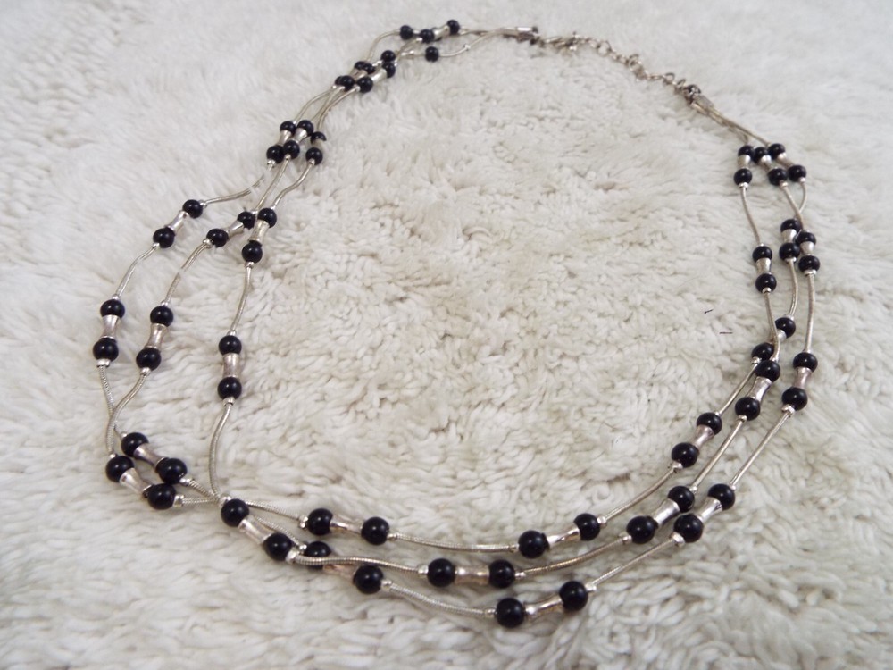 Silvertone Black Bead Three Strand Necklace (F17)