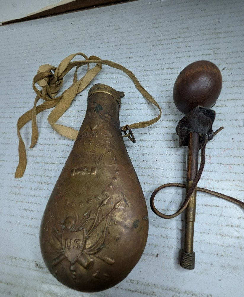 Antique Brass U. S. Powder Horn & Muzzleloader 7' Long