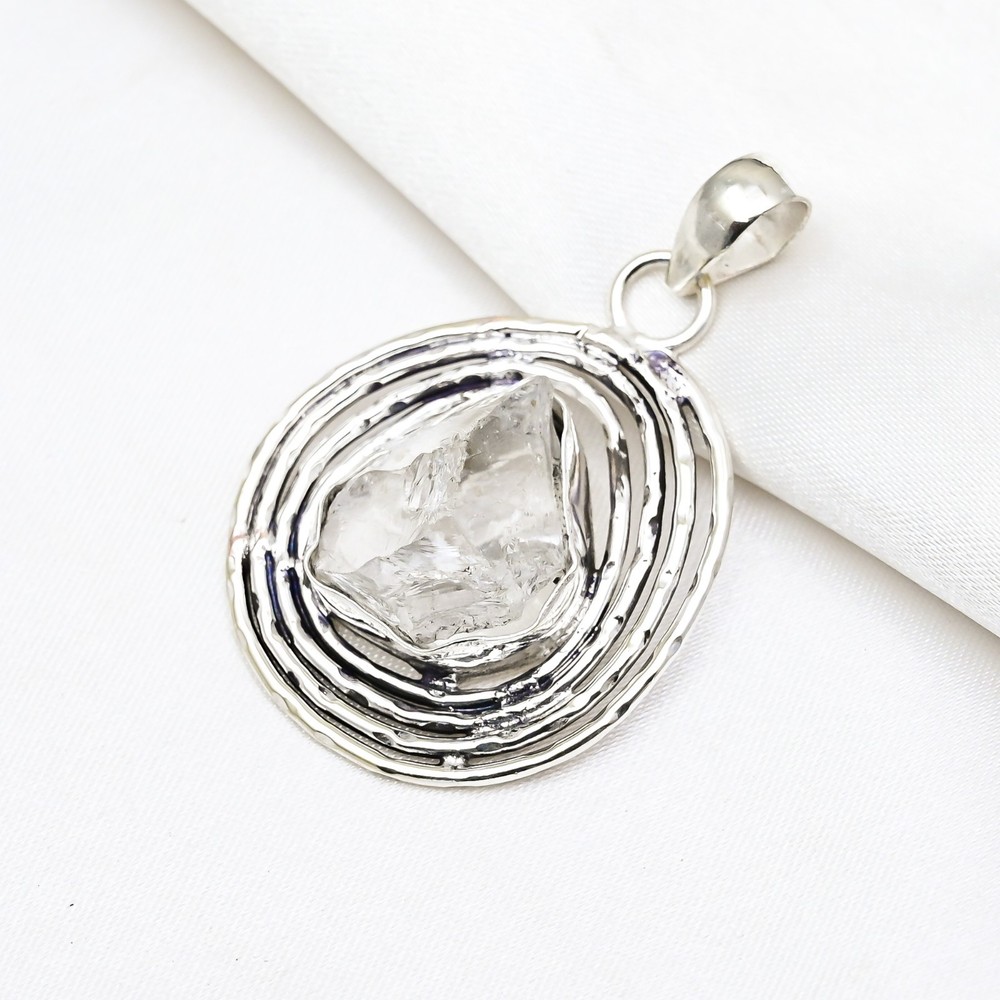 Rough Crystal Quartz Gemstone Handmade 925 Solid Silver Pendant Jewery